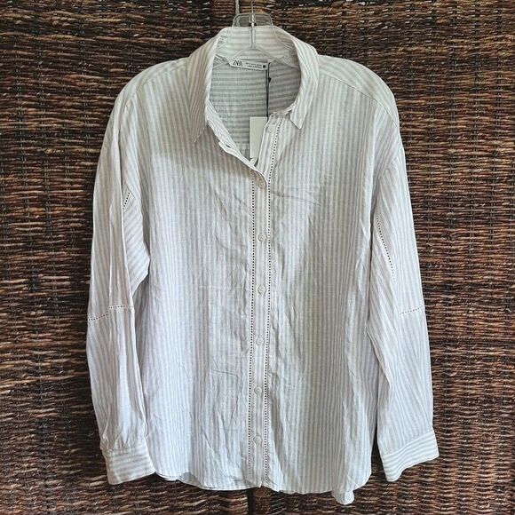 NWT Zara Linen Oversized White Button Up Boyfriend Shirt Medium Lace Minimalist - Picture 2 of 8